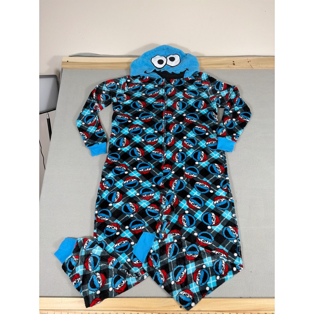 Sesame Street Cookie Monster Hooded One Piece Pajamas Suit Blue Plaid Medium